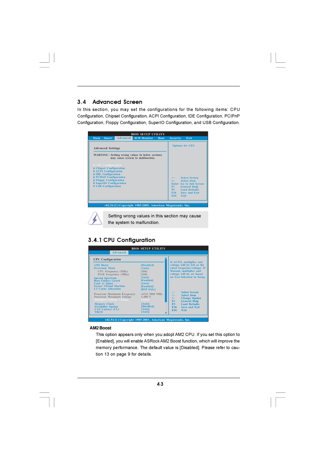 Auto Page A780 user manual Advanced Screen, CPU Configuration, AM2 Boost 