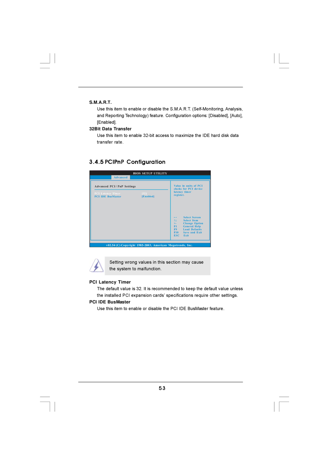 Auto Page A780 user manual PCIPnP Configuration, A.R.T, 32Bit Data Transfer, PCI Latency Timer, PCI IDE BusMaster 