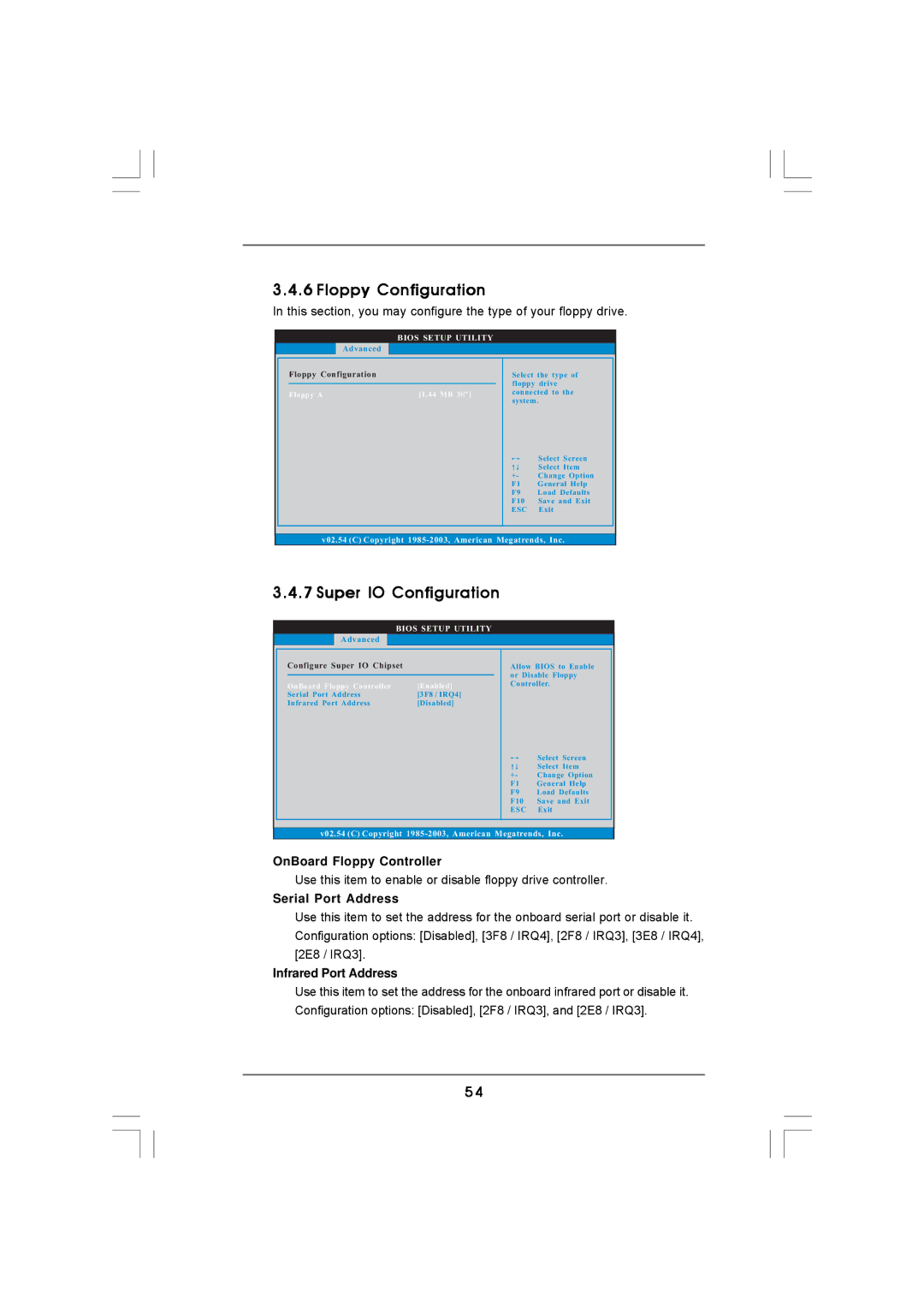 Auto Page A780 user manual Floppy Configuration, Super IO Configuration, OnBoard Floppy Controller, Serial Port Address 