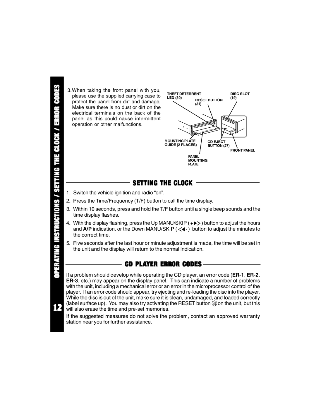 Auto Page ACD-94 manual Setting the Clock, CD Player Error Codes 