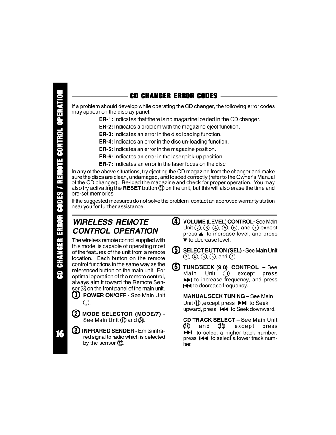 Auto Page ACD-94 manual Codes / Remote Control Operation, CD Changer Error Codes, TUNE/SEEK 9,8 Control See 