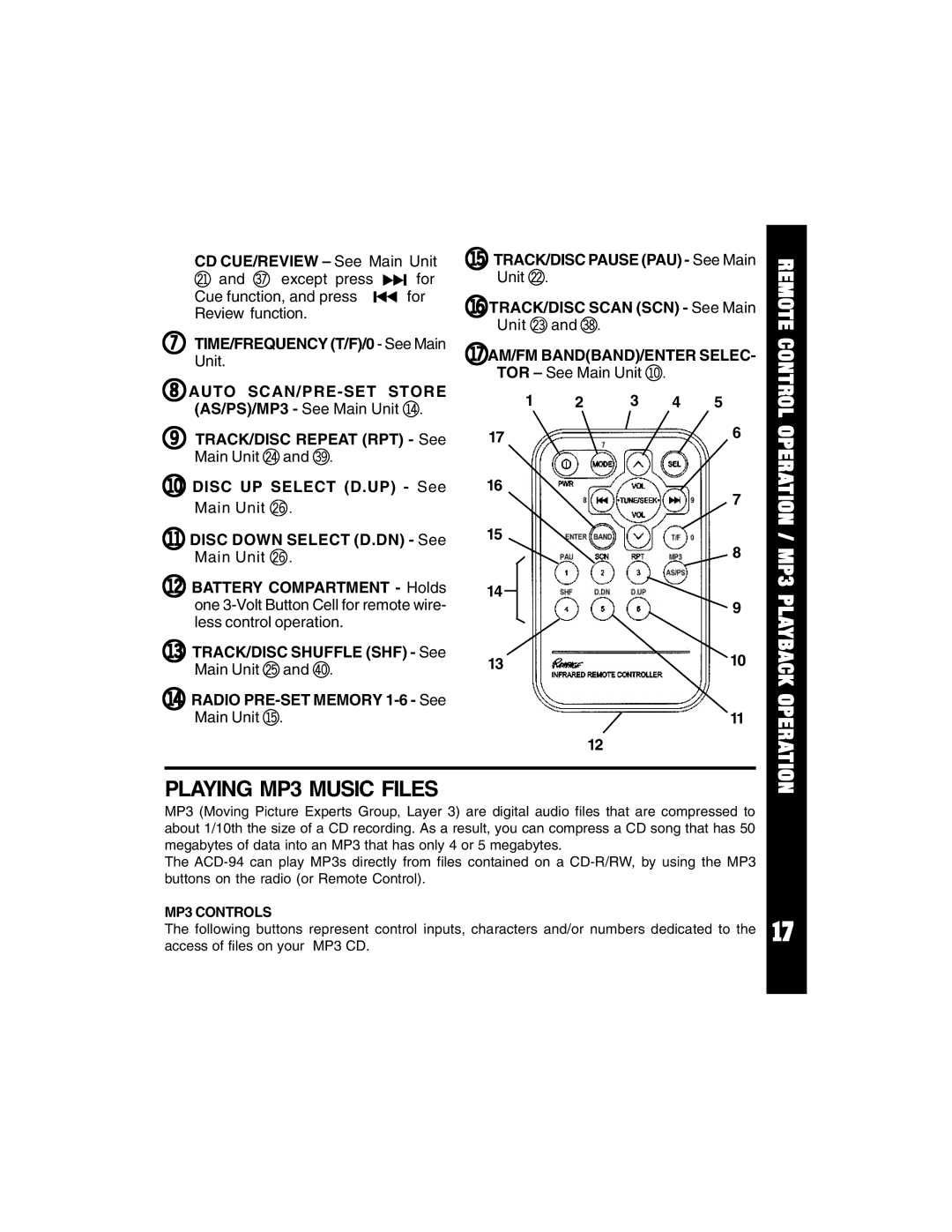 Auto Page ACD-94 manual Playing MP3 Music Files, CD CUE/REVIEW See Main Unit, MP3 Controls 