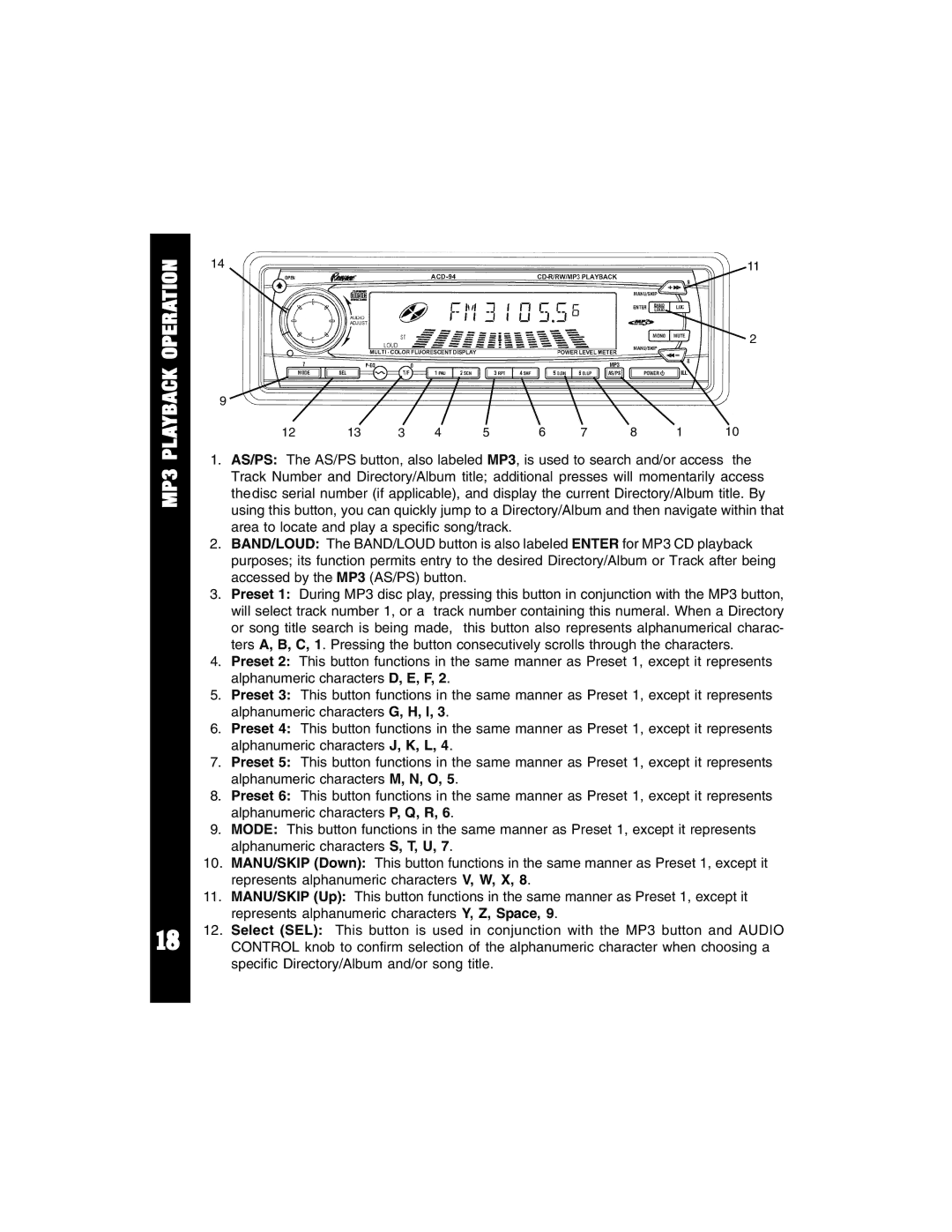 Auto Page ACD-94 manual MP3 Playback Operation 