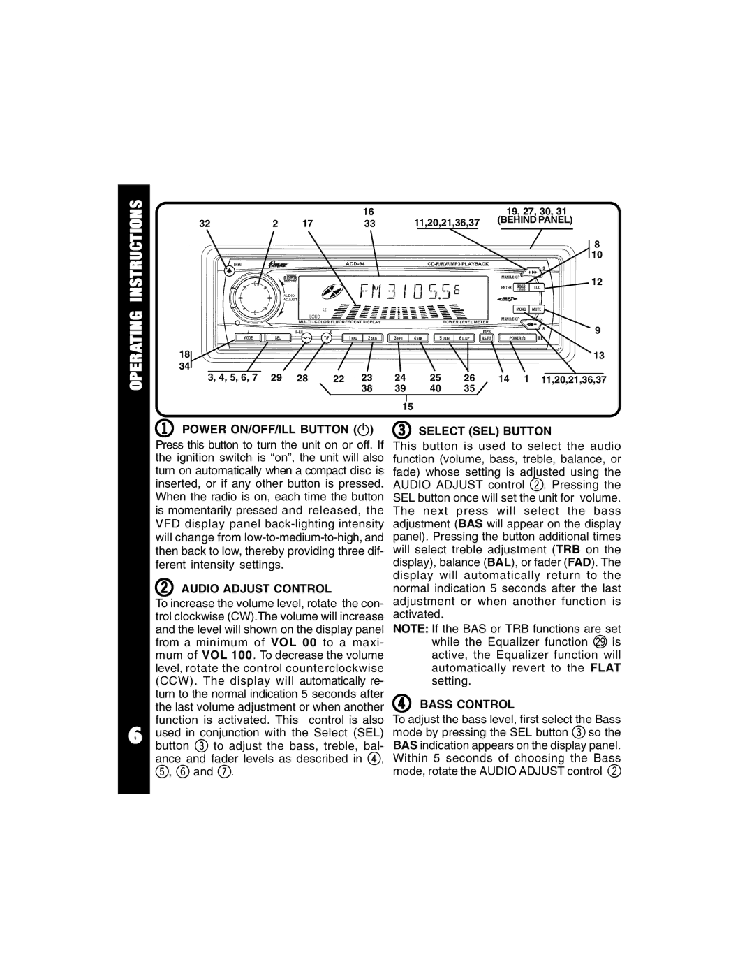 Auto Page ACD-94 Operating Instructions, Power ON/OFF/ILL Button Select SEL Button, Audio Adjust Control, Bass Control 