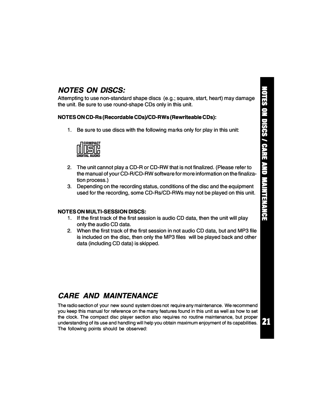 Auto Page ACD-94 manual Notes On Discs / Care And Maintenance, Notes On Multi-Sessiondiscs 