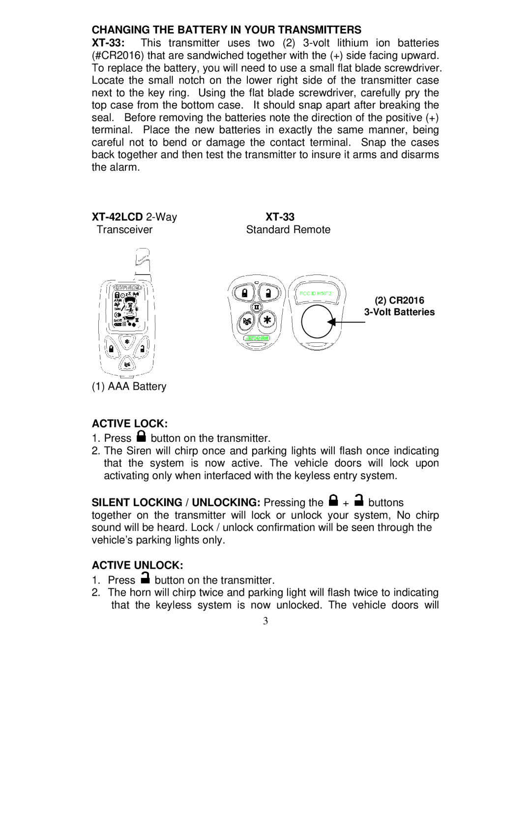 Auto Page RS-622 Changing the Battery in Your Transmitters, XT-42LCD 2-Way XT-33 Transceiver Standard Remote, Active Lock 