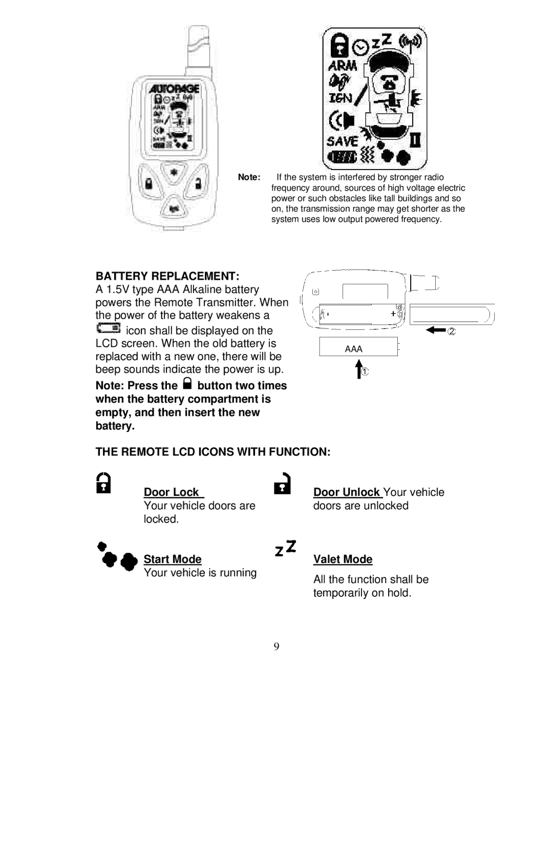 Auto Page RS-622 manual Battery Replacement, Remote LCD Icons with Function, Door Lock, Start Mode Valet Mode 