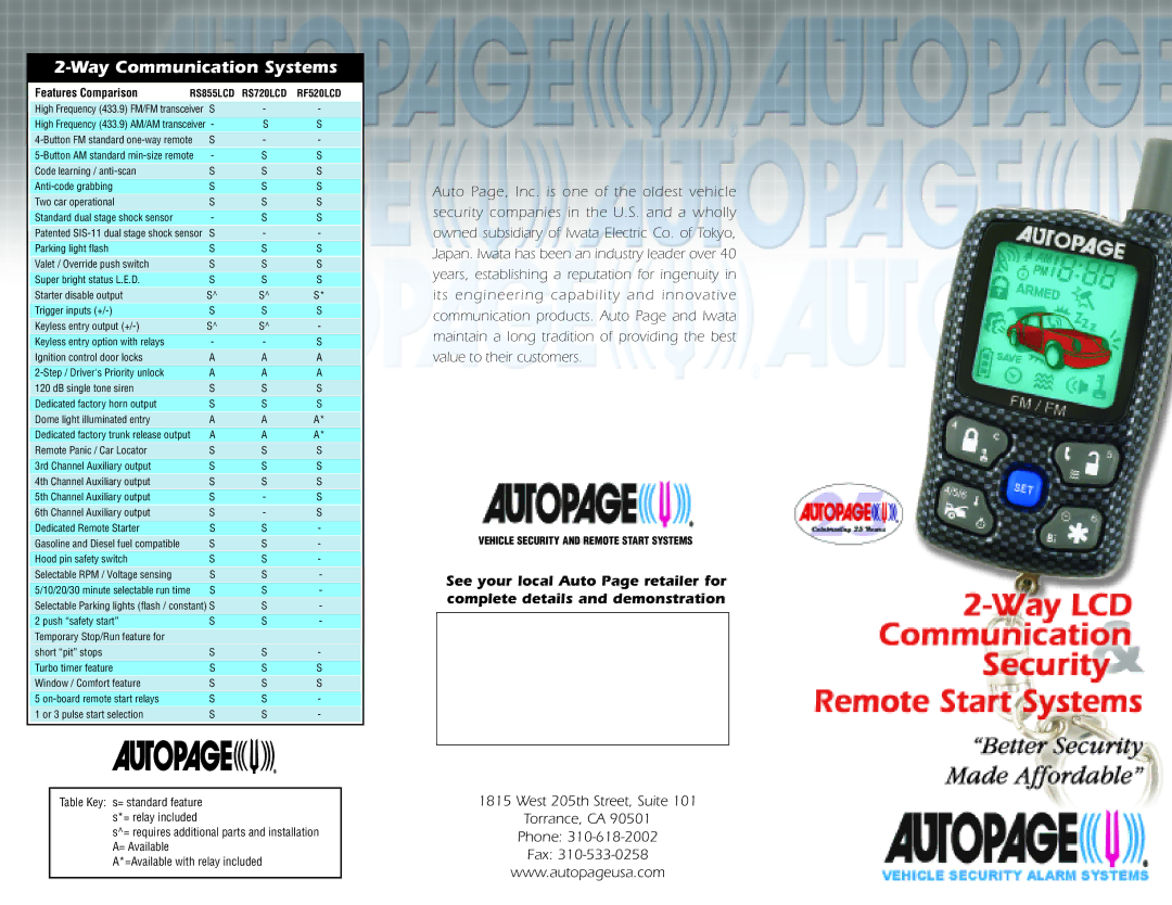 Auto Page RS720LCD manual Way Communication Systems, Features Comparison 