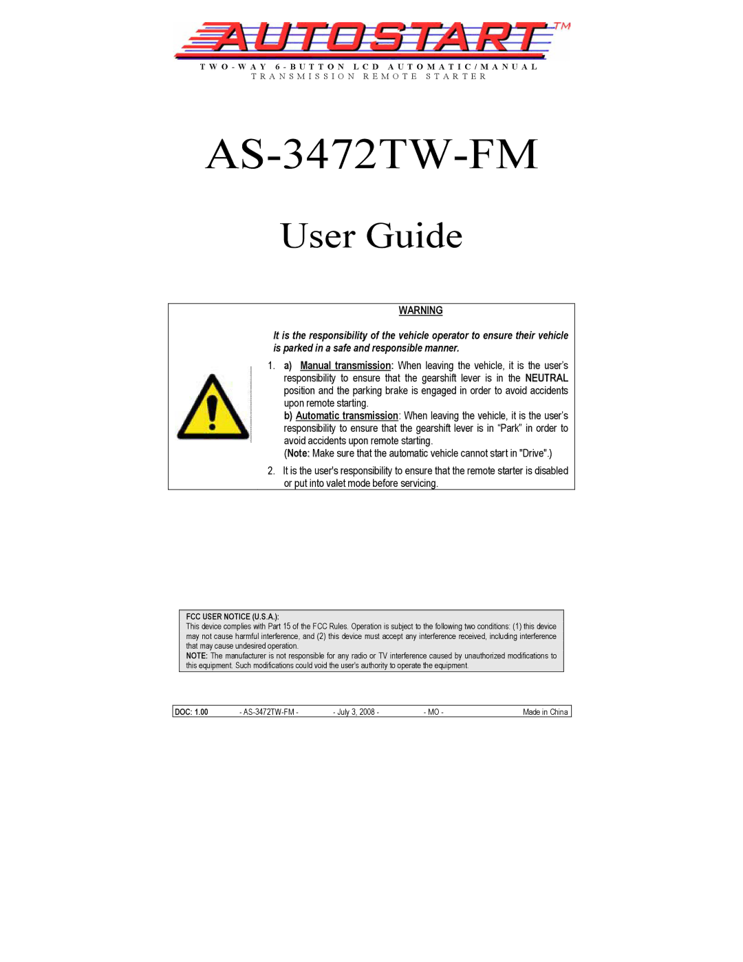 Autostart AS-3472TW-FM manual 