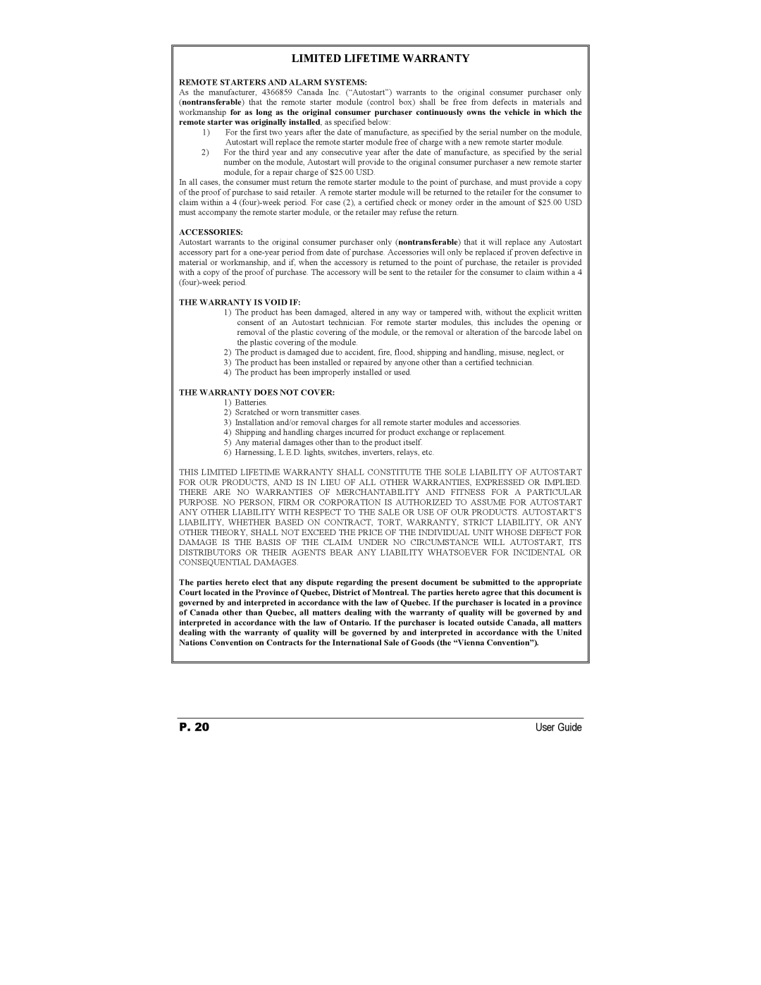 Autostart AS-3472TW-FM manual Limited Lifetime Warranty 