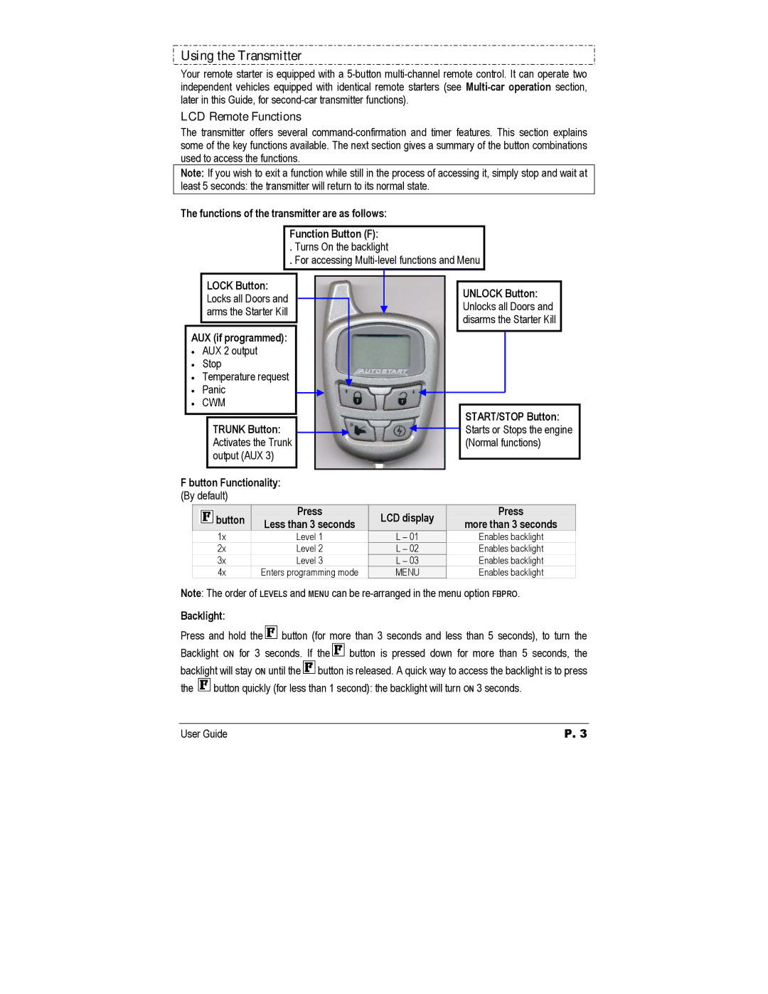 Autostart AS-3472TW-FM manual Using the Transmitter, LCD Remote Functions 