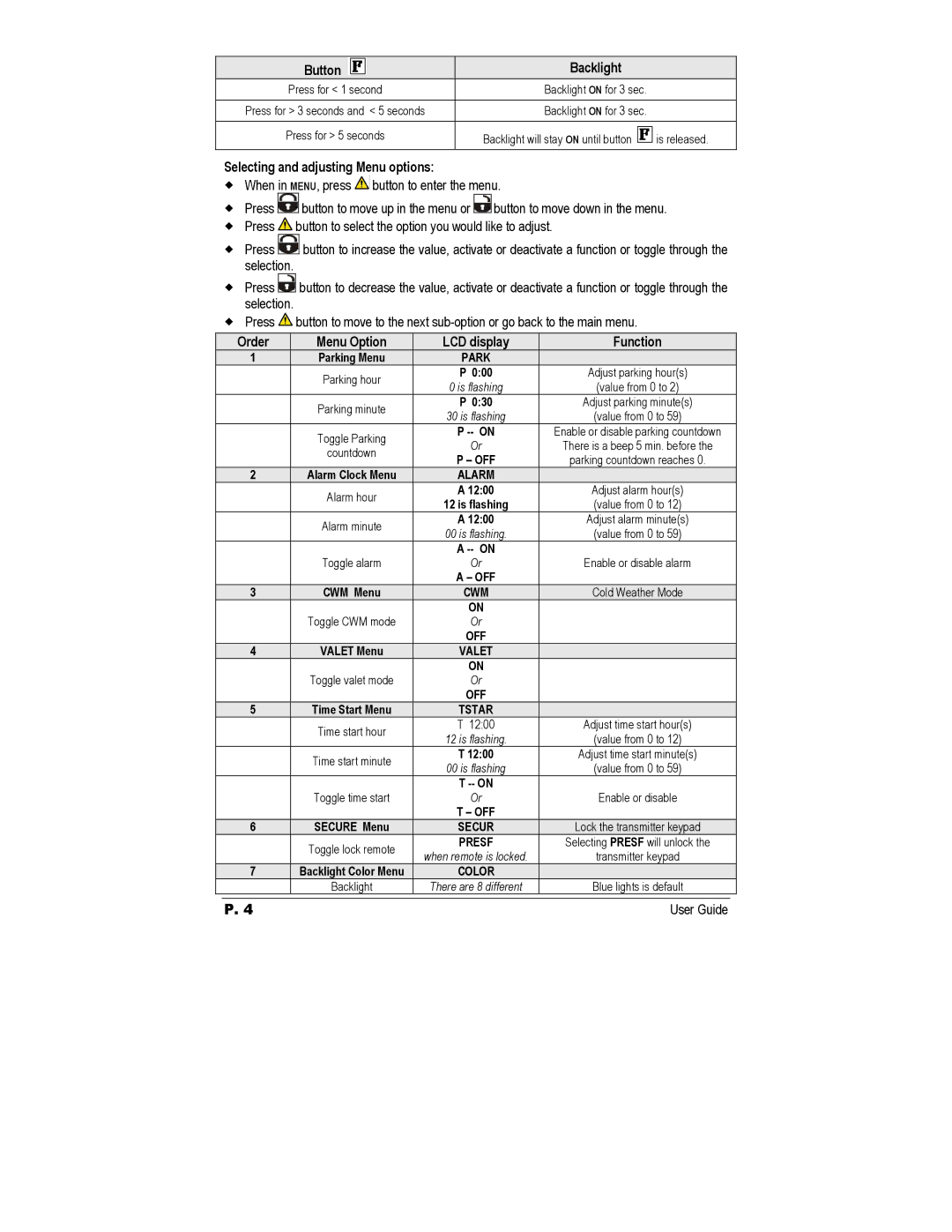 Autostart AS-3472TW-FM manual Button Backlight, Selecting and adjusting Menu options, Menu Option LCD display Function 