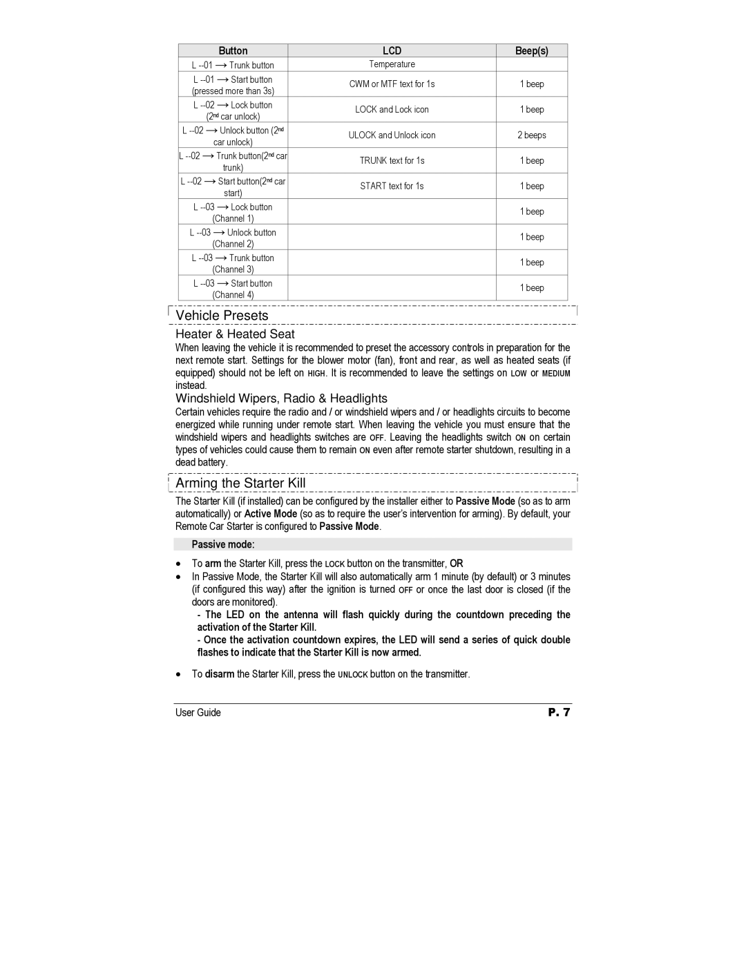 Autostart AS-3472TW-FM manual Vehicle Presets, Arming the Starter Kill, Heater & Heated Seat 