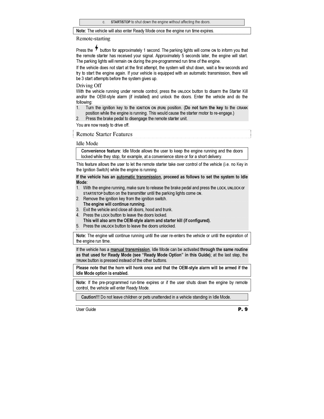 Autostart AS-3472TW-FM Remote Starter Features, Remote-starting, Driving Off, Idle Mode, Engine will continue running 