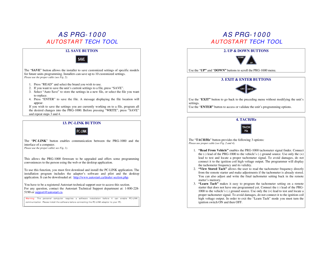 Autostart AS-PRG-1000 manual Save Button, PC-LINK Button, UP & Down Buttons, Exit & Enter Buttons, TACH/Hz 