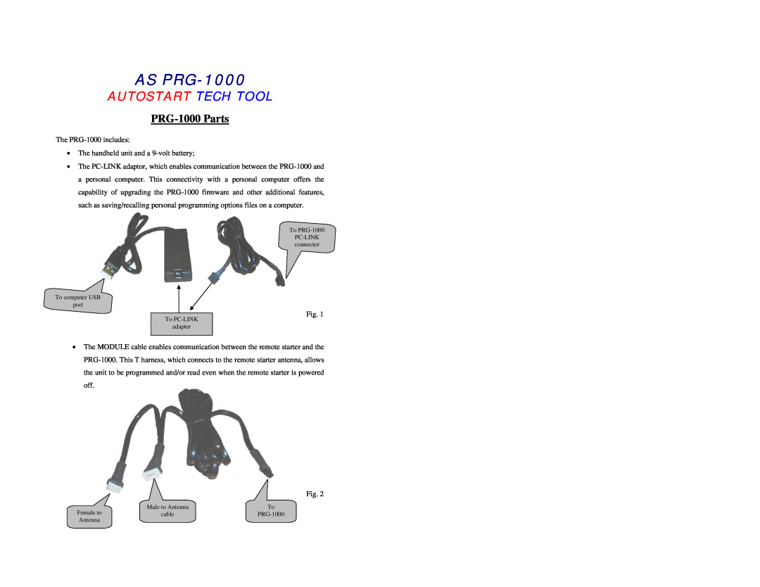 Autostart AS-PRG-1000 manual PRG-1000 Parts, AS PRG-1000, Autostart Tech Tool 