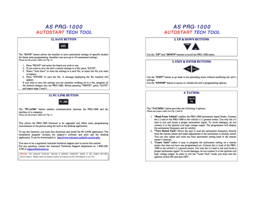 Autostart AS-PRG-1000 manual AS PRG-1000, Autostart Tech Tool, Save Button, Pc-Link Button, Up & Down Buttons, TACH/Hz 