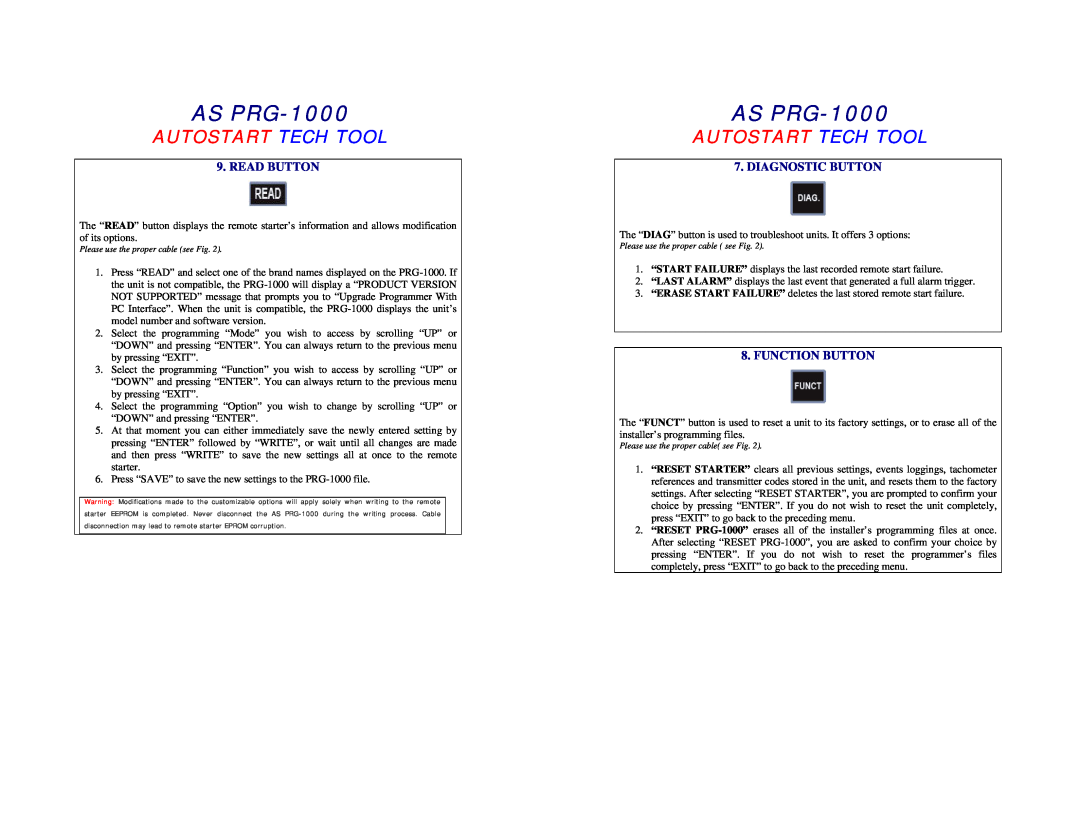 Autostart AS-PRG-1000 manual AS PRG-1000, Autostart Tech Tool, Read Button, Diagnostic Button, Function Button 