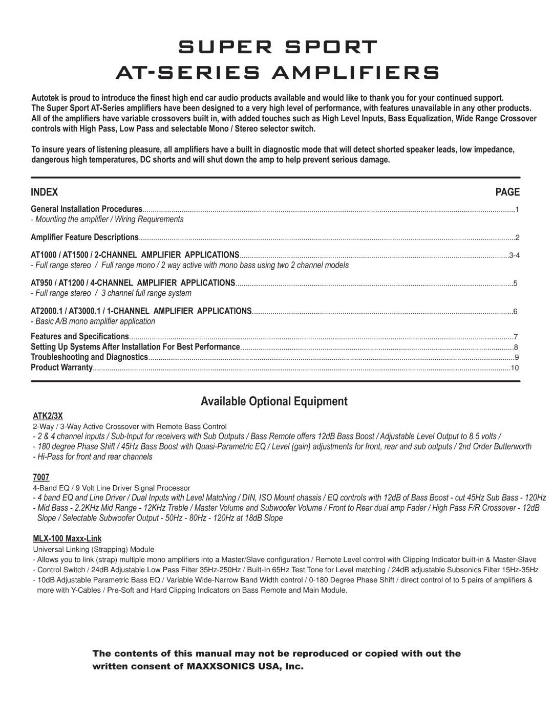 AutoTek AT2000.1, AT3000.1, AT950, AT1200, AT1000, AT1500 manual Super Sport AT-SERIES Amplifiers 