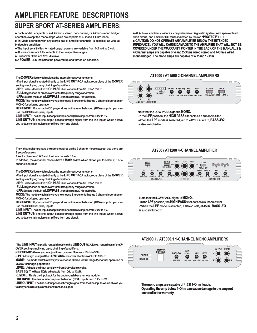 AutoTek AT1000, AT3000.1, AT950, AT2000.1, AT1200, AT1500 Amplifier Feature Descriptions, Super Sport AT-SERIES Amplifiers 