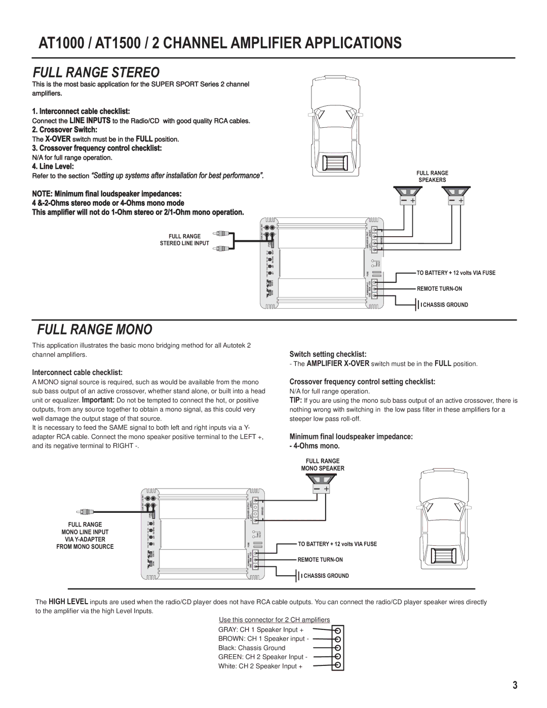 AutoTek AT3000.1, AT950, AT2000.1, AT1200 manual AT1000 / AT1500 / 2 Channel Amplifier Applications, Full Range Stereo 