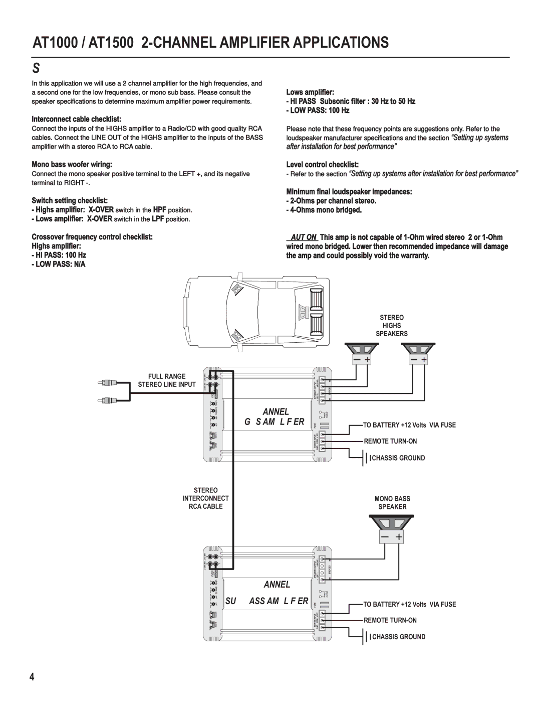 AutoTek AT3000.1 AT1000 / AT1500 2-CHANNEL Amplifier Applications, Stereo Highs Speakers Full Range Stereo Line Input 