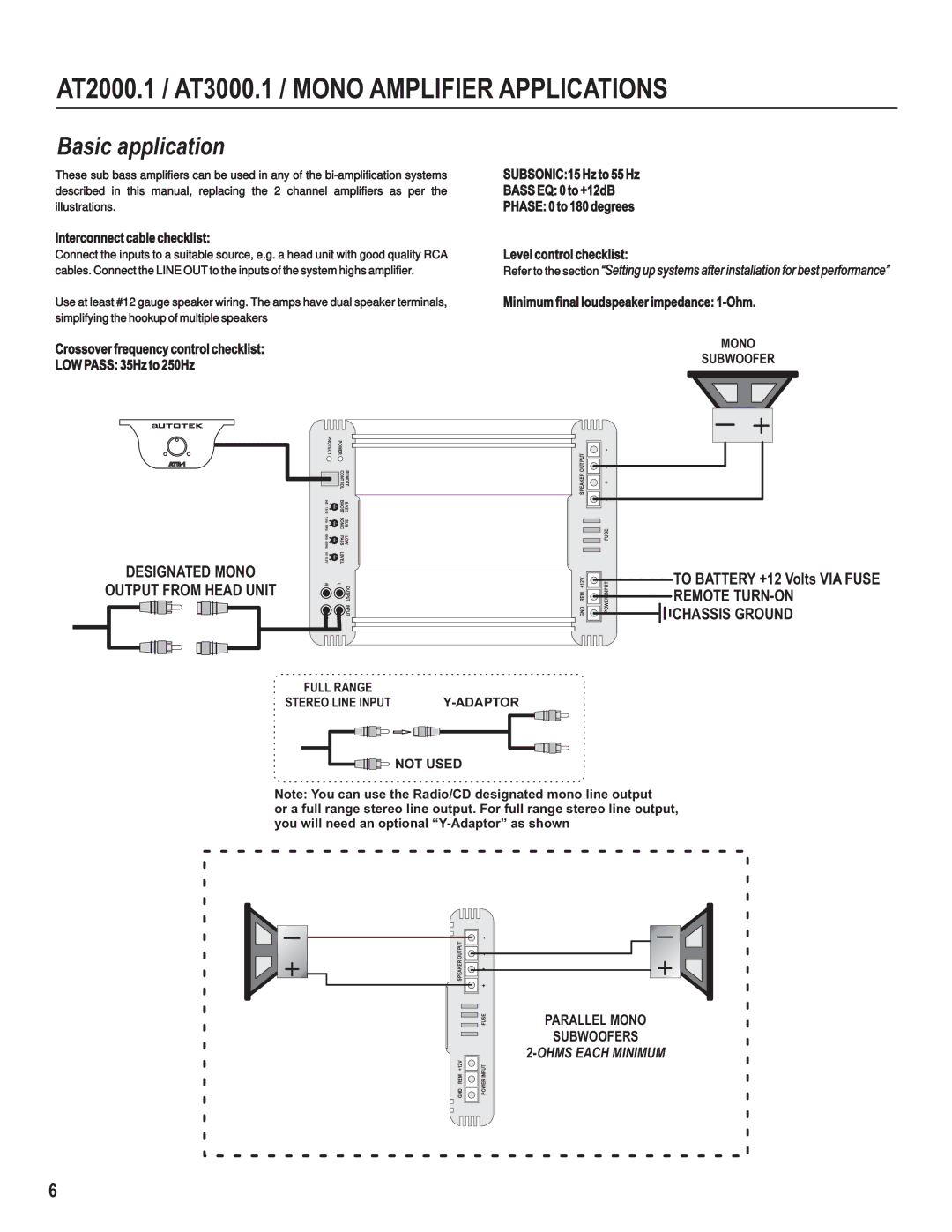 AutoTek AT950, AT1200, AT1000, AT1500 manual AT2000.1 / AT3000.1 / Mono Amplifier Applications, Adaptor, Not Used 