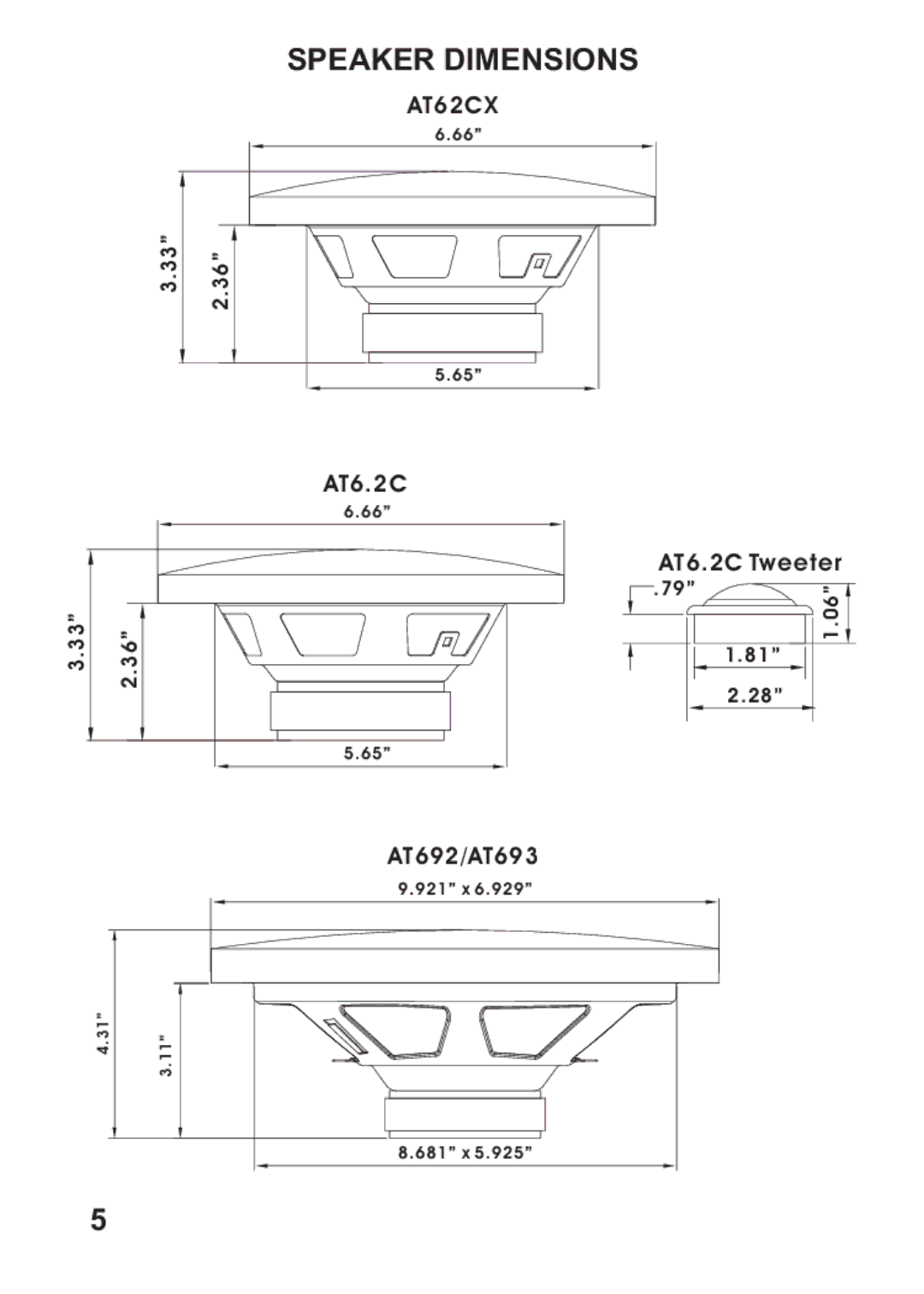 AutoTek AT692, AT693, AT62CX, AT6.2C manual Speaker Dimensions 