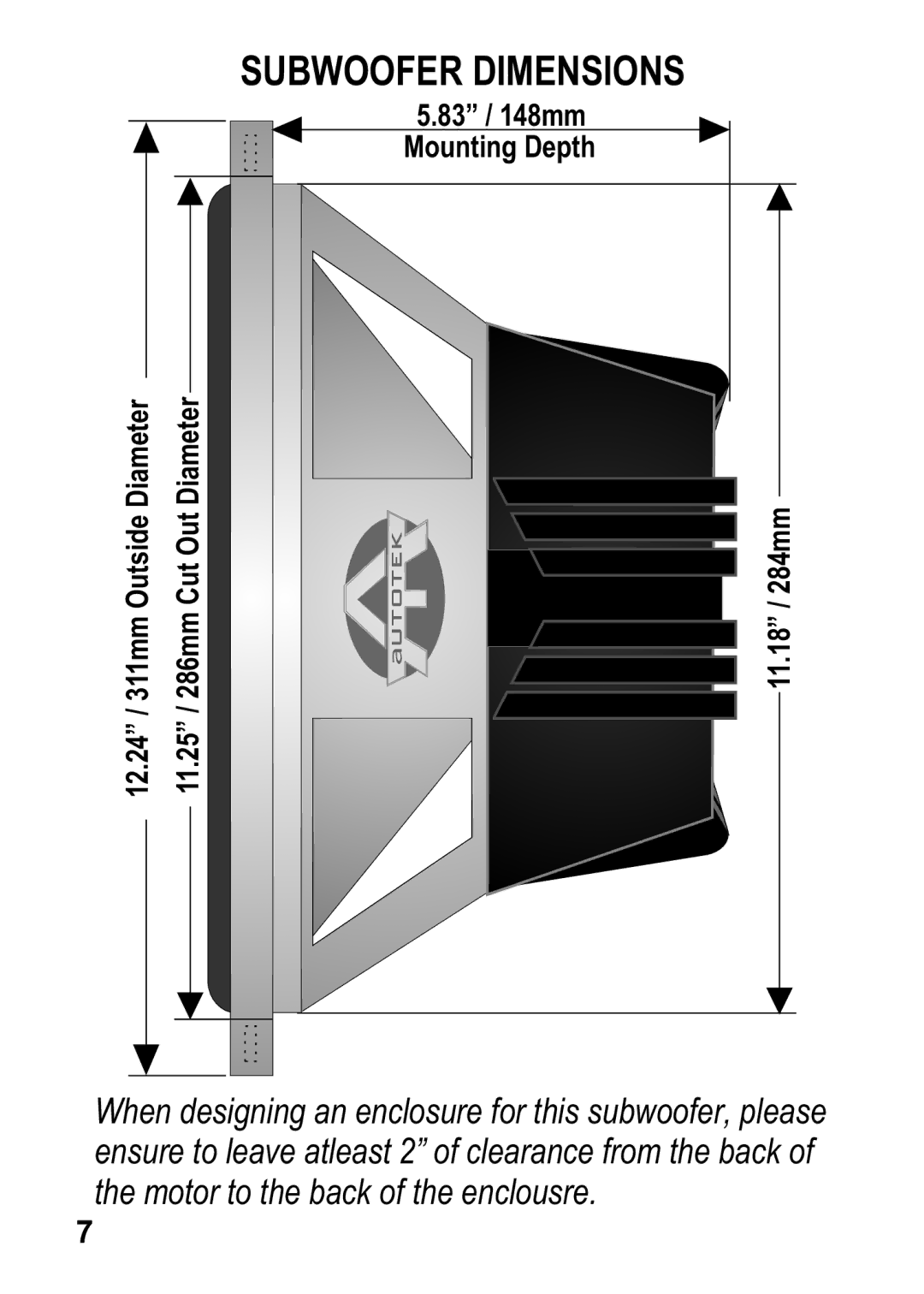 AutoTek SM12S4 manual Subwoofer Dimensions 