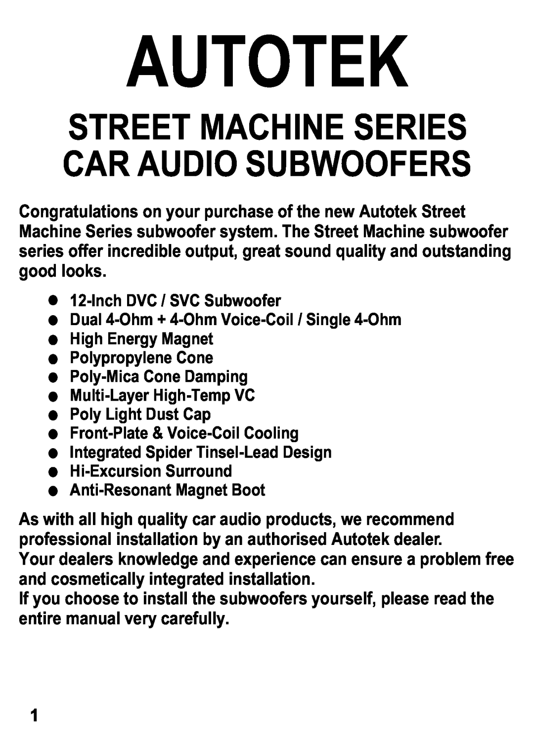 AutoTek SM12S4 manual Autotek, Street Machine Series Car Audio Subwoofers 