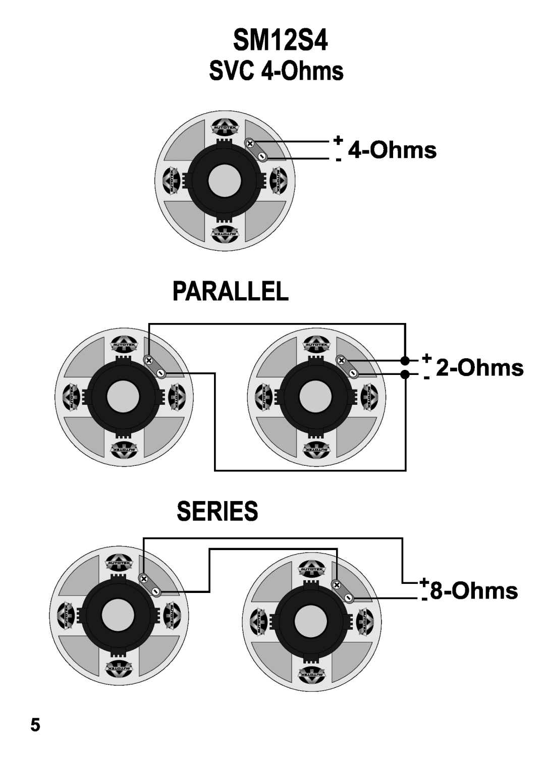 AutoTek SM12S4 manual SVC 4-Ohms, Parallel, Series, +- 4-Ohms, +- 8-Ohms 