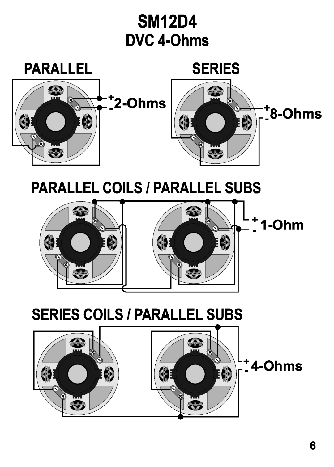 AutoTek SM12S4 SM12D4, DVC 4-Ohms, +- 8-Ohms, 1-Ohm, +- 2-Ohms, Parallel Coils / Parallel Subs, Series, +- 4-Ohms 
