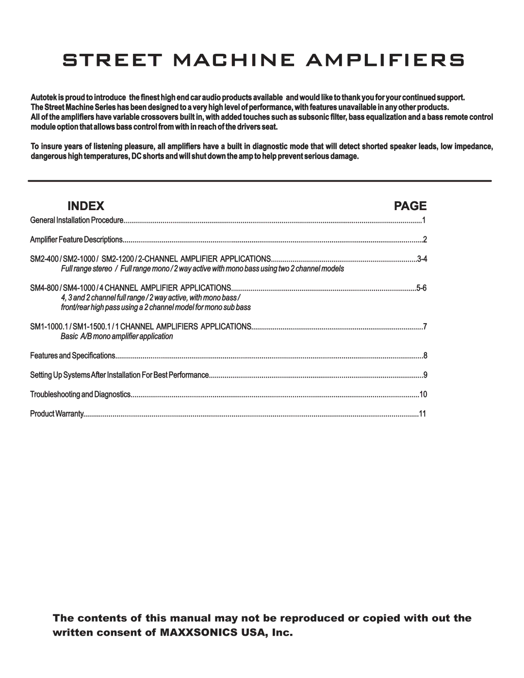 AutoTek SM2-1200, SM2-1000, SM2-400 manual Street Machine Amplifiers, SM4-800 / SM4-1000 / 4 Channel Amplifier Applications 