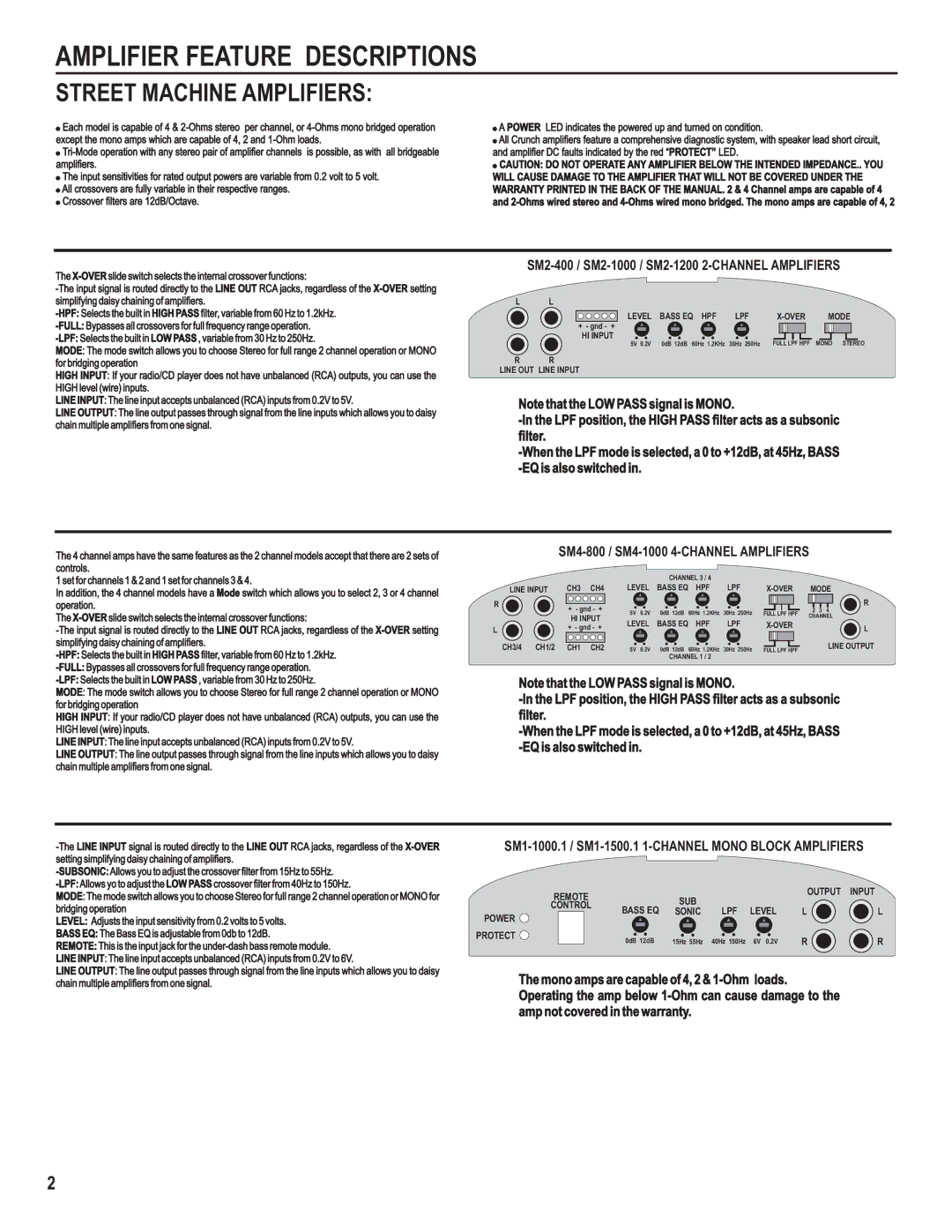 AutoTek SM2-400 manual Amplifier Feature Descriptions, Street Machine Amplifiers, SM4-800 / SM4-1000 4-CHANNEL Amplifiers 