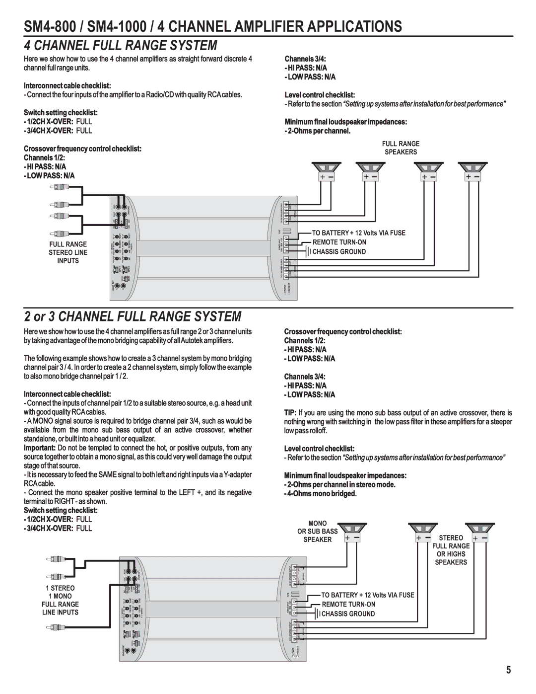 AutoTek SM2-1000, SM2-1200 manual SM4-800 / SM4-1000 / 4 Channel Amplifier Applications, Or 3 Channel Full Range System 