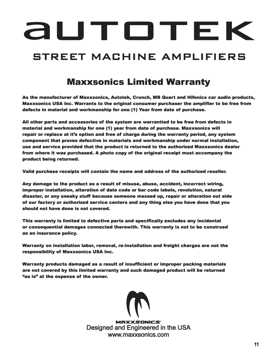 AutoTek SM1-100.1, SM4-800, SM2-1000, SM2-1200, SM4-1000 manual autotek, Street Machine Amplifiers, Maxxsonics Limited Warranty 