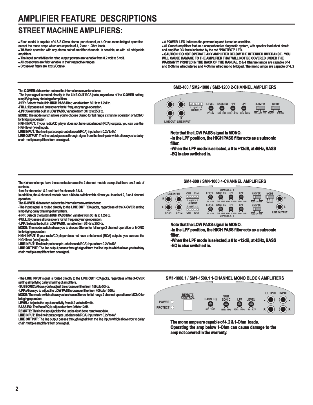 AutoTek SM2-400, SM4-800, SM2-1000, SM2-1200, SM4-1000, SM1-150.1 Amplifier Feature Descriptions, Street Machine Amplifiers 