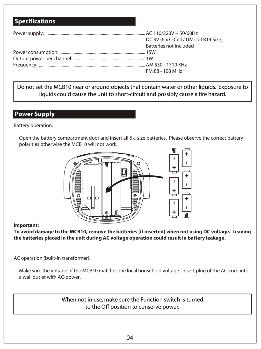 AUVI Technologies MCB10 manual Specifications, Power Supply 