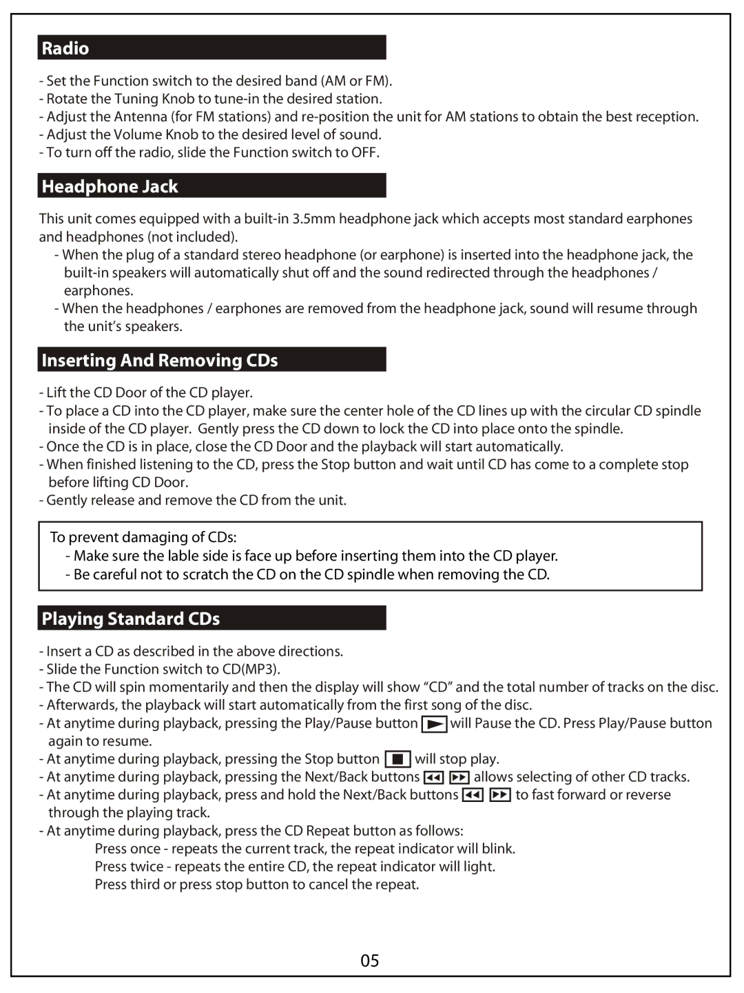 AUVI Technologies MCB10 manual Radio, Headphone Jack, Inserting And Removing CDs, Playing Standard CDs 