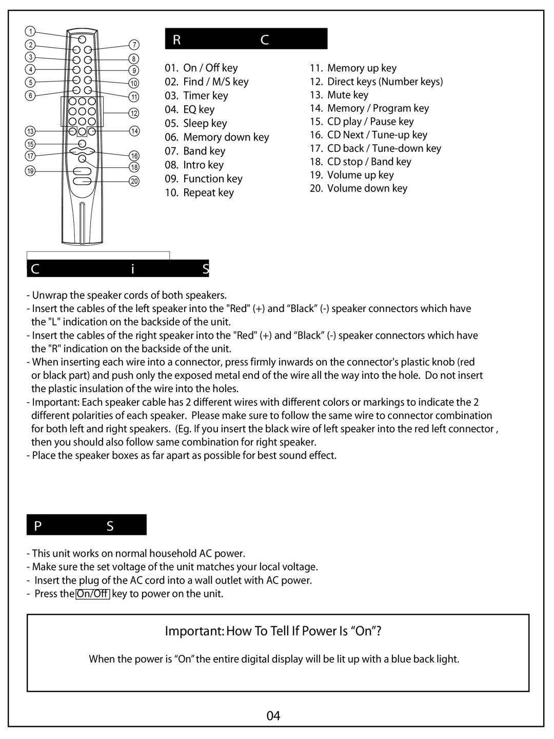 AUVI Technologies MSW1150 manual Remote Control, Connection of Speakers, Power Supply 