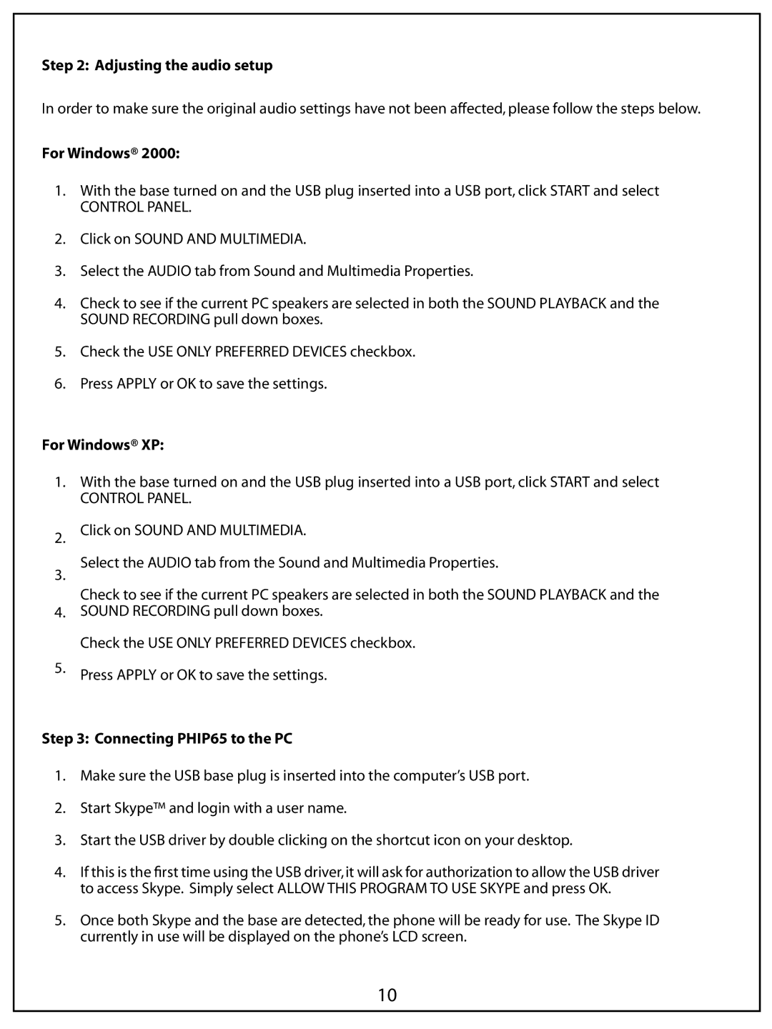 AUVI Technologies manual Adjusting the audio setup, For Windows XP, Connecting PHIP65 to the PC 