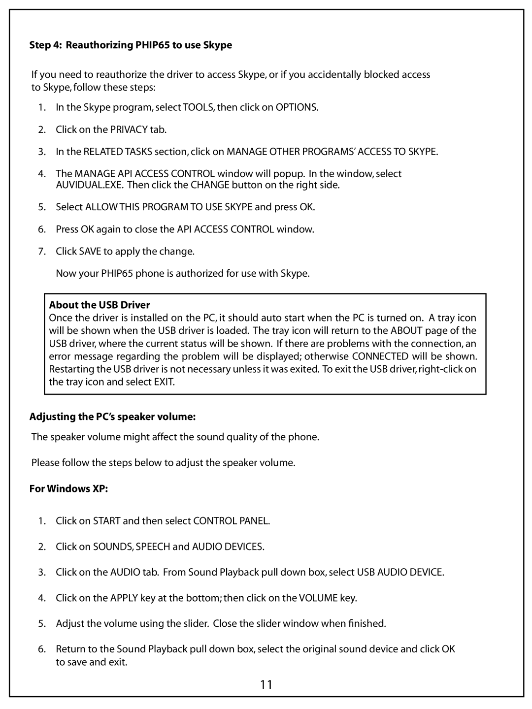 AUVI Technologies PHIP65 manual Reauthorizing PH IP65 to use Skype, About the USB Driver, Adjusting the PC’s speaker volume 