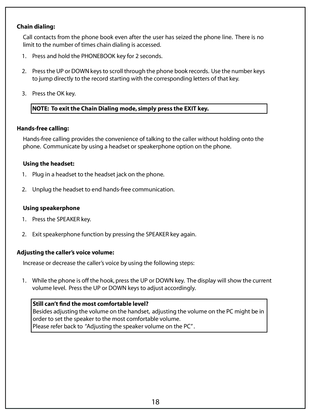 AUVI Technologies PHIP65 manual Chain dialing, Hands-free calling, Using the headset, Using speakerphone 