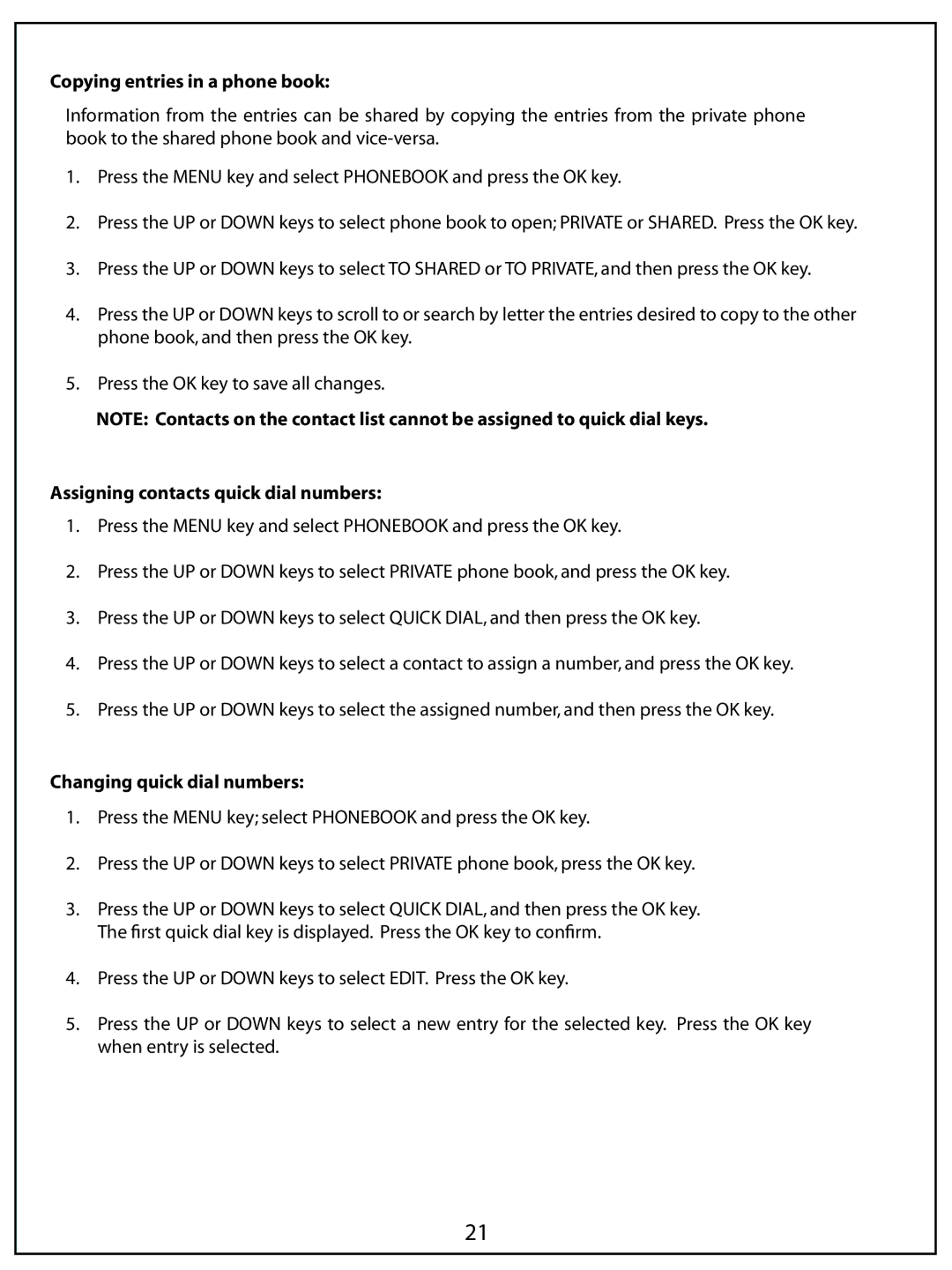 AUVI Technologies PHIP65 manual Copying entries in a phone book, Assigning contacts quick dial numbers 