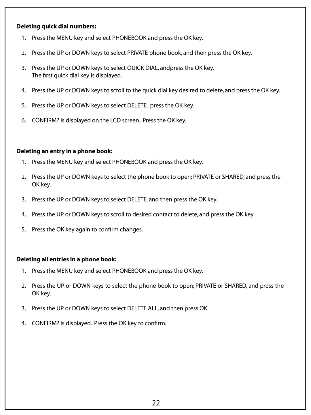 AUVI Technologies PHIP65 manual Deleting quick dial numbers, Deleting an entry in a phone book 