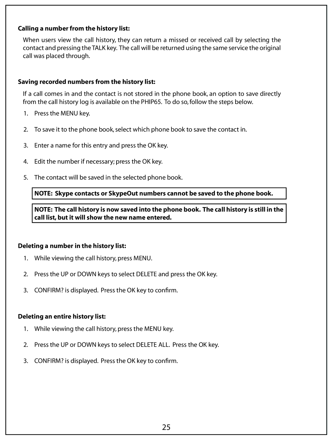 AUVI Technologies PHIP65 manual Calling a number from the history list, Saving recorded numbers from the history list 