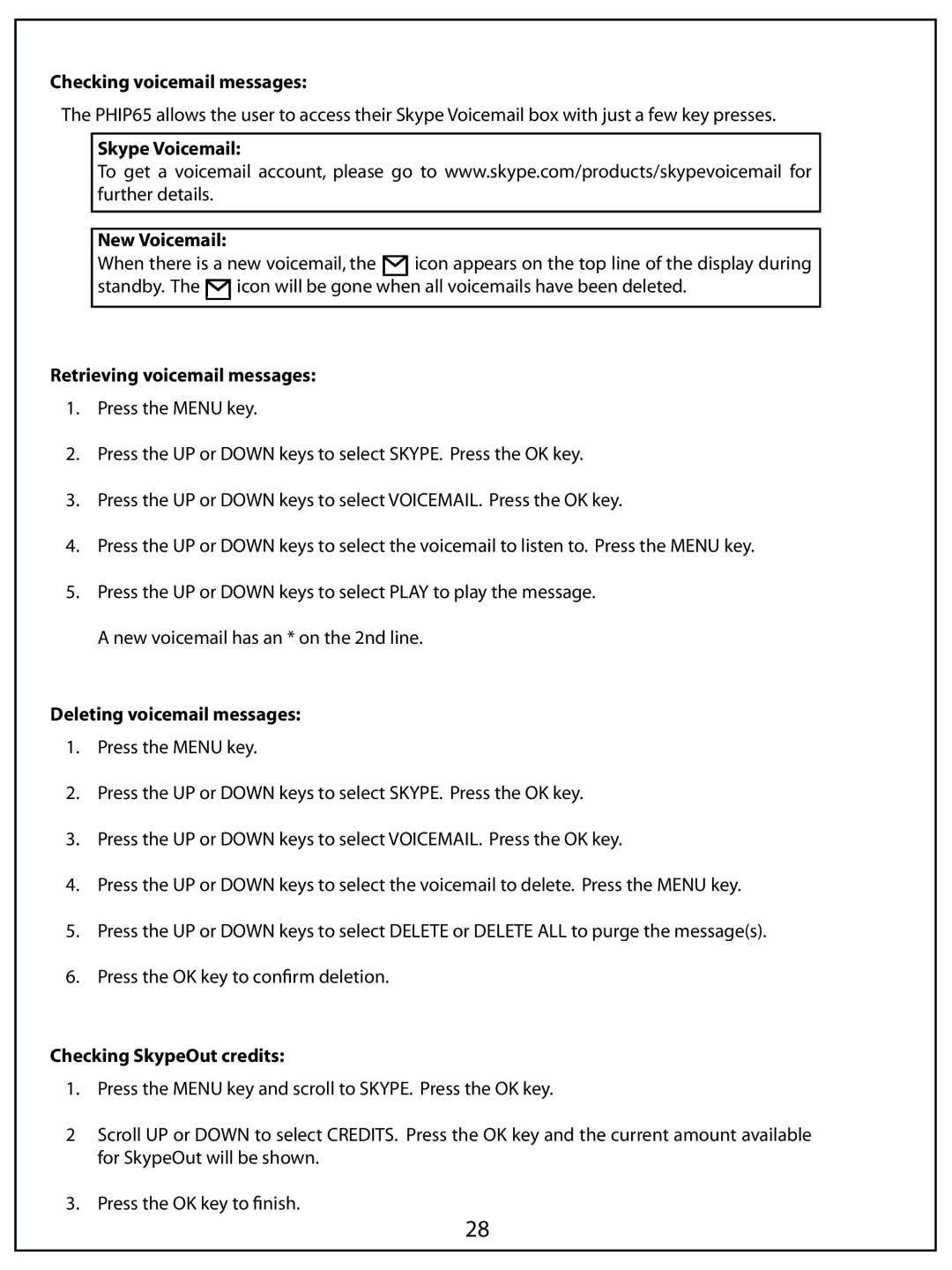 AUVI Technologies PHIP65 manual Checking voicemail messages, Skype Voicemail New Voicemail, Retrieving voicemail messages 