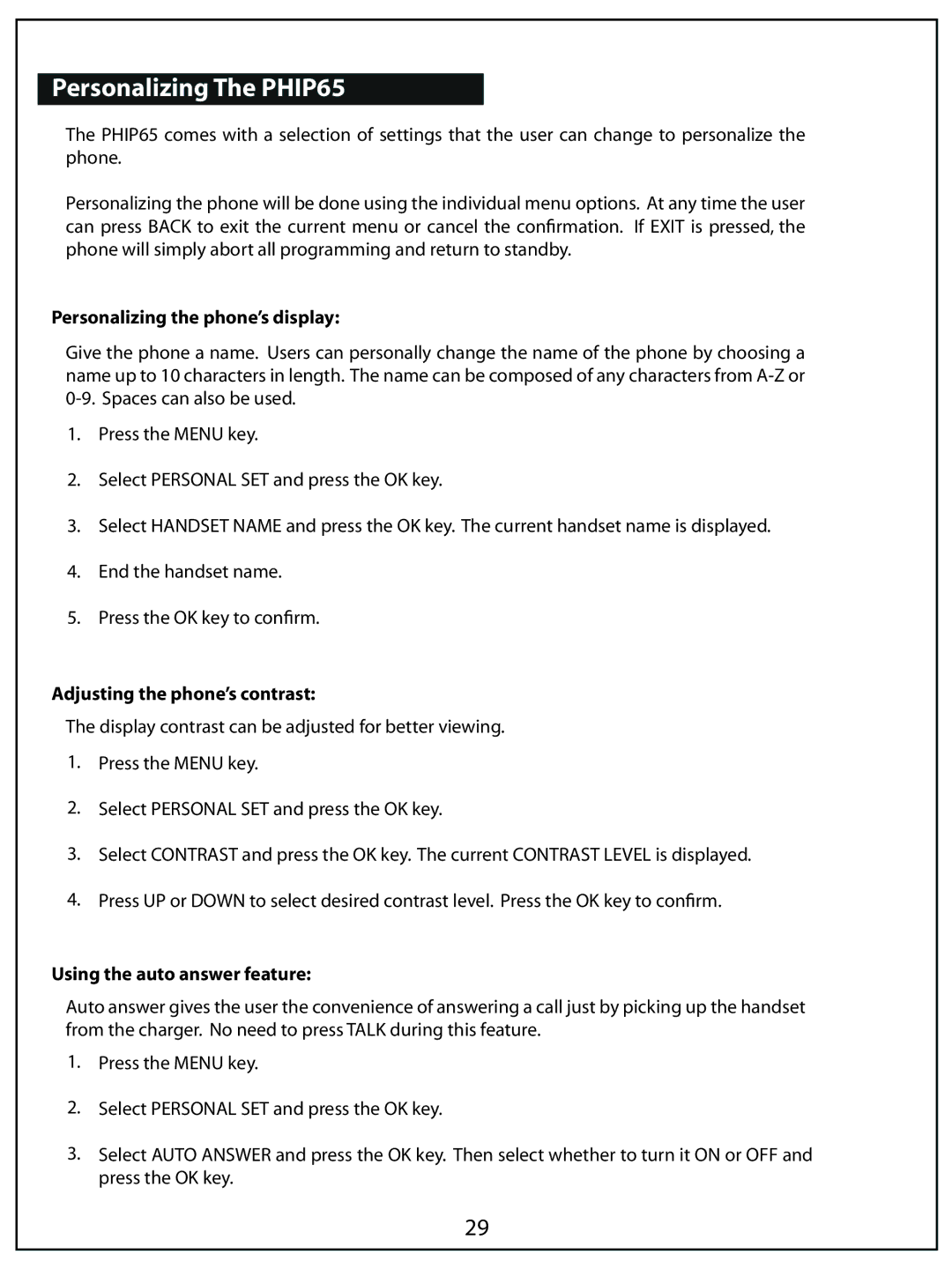 AUVI Technologies manual Personalizing The PHIP65, Personalizing the phone’s display, Adjusting the phone’s contrast 