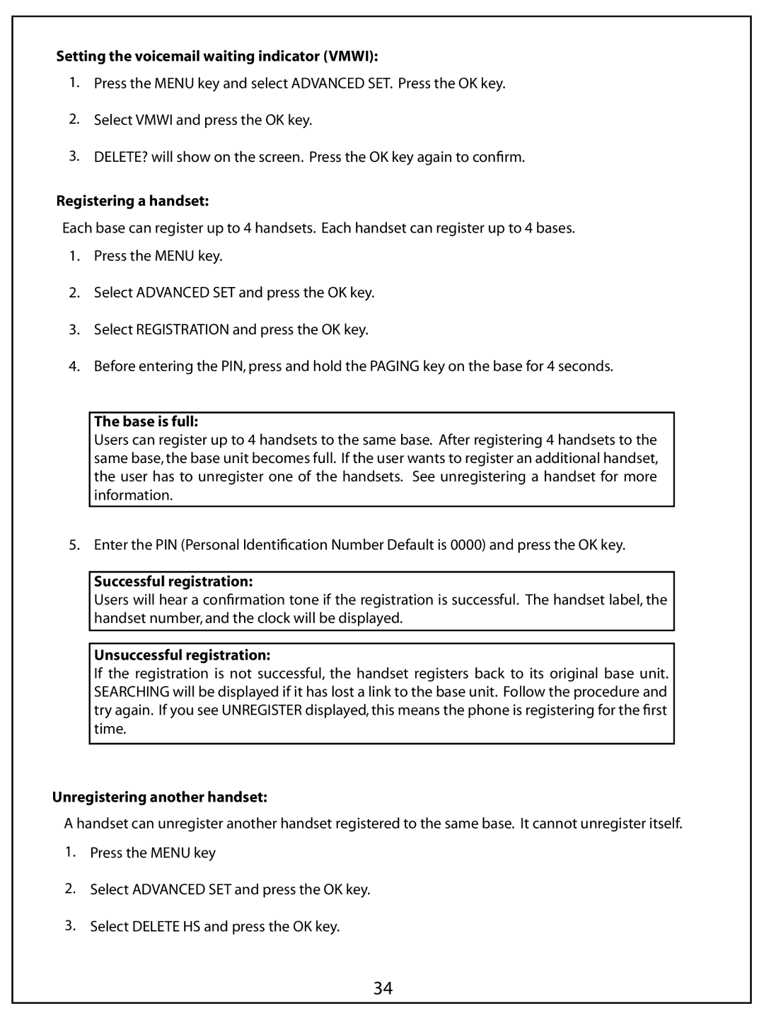 AUVI Technologies PHIP65 manual Setting the voicemail waiting indicator Vmwi, Base is full, Successful registration 