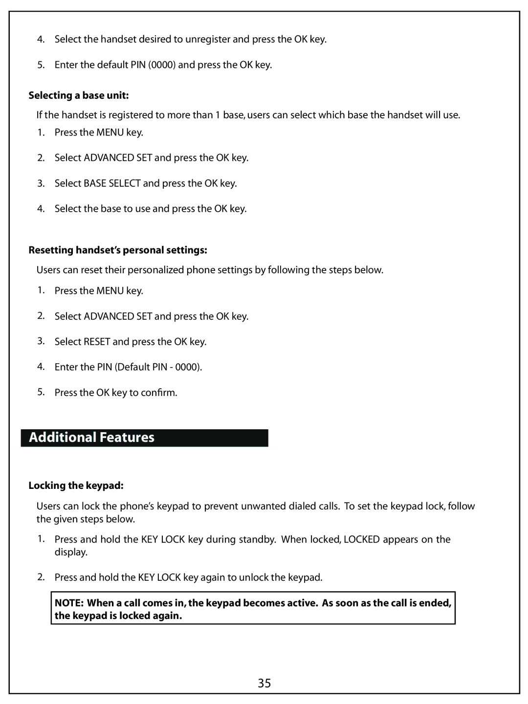 AUVI Technologies PHIP65 manual Additional Features, Selecting a base unit, Resetting handset’s personal settings 